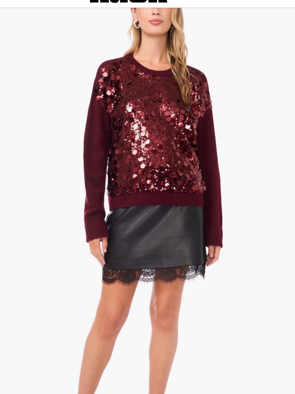 Vince Camuto Burgundy Sequin Crew Neck Sweater